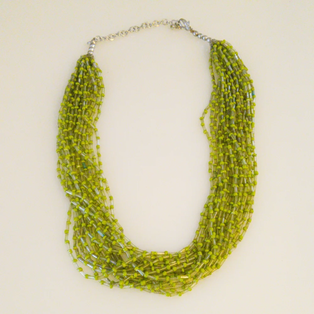 Vibrant Green and Blue Multi-Strand Necklace with Seed Beads